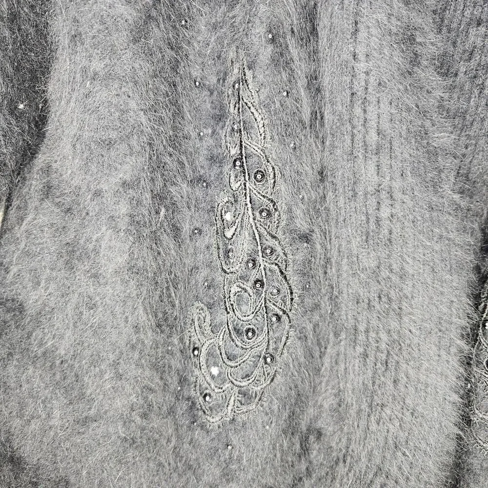 Lee Sands Womens Korean Angora Cardigan Sweater, Size Large, Black